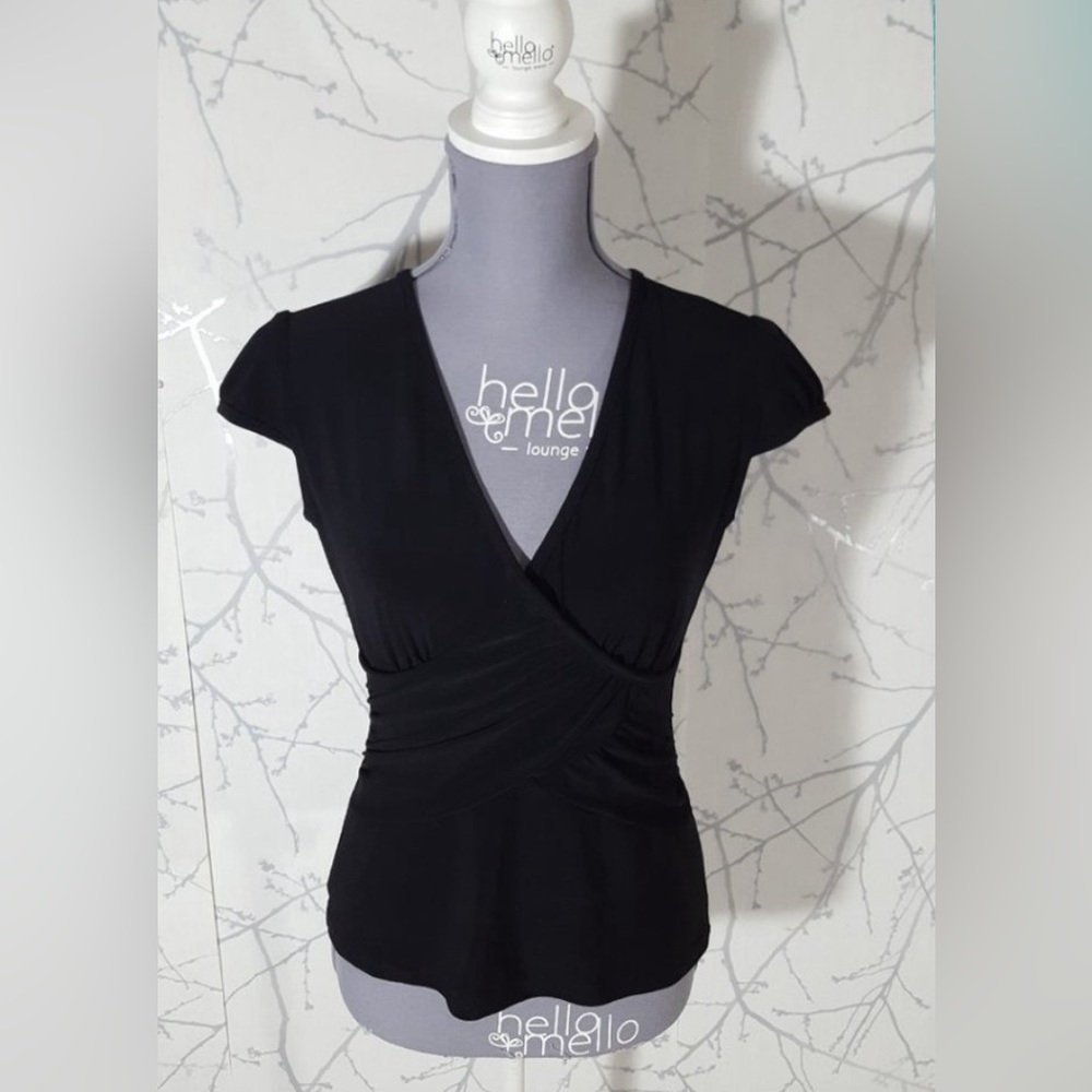Joseph Ribkoff Black Ruched Faux Wrap V-Neck Blouse